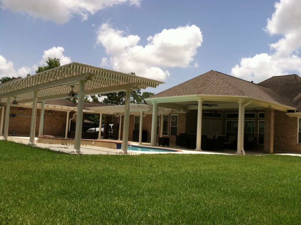 custom pergola addition around pool in backyard