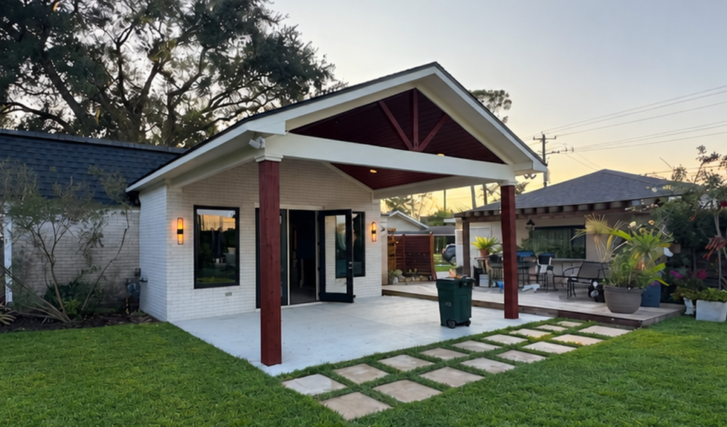 Attached gable patio cover with exposed red beams and red columns over a new concrete patio